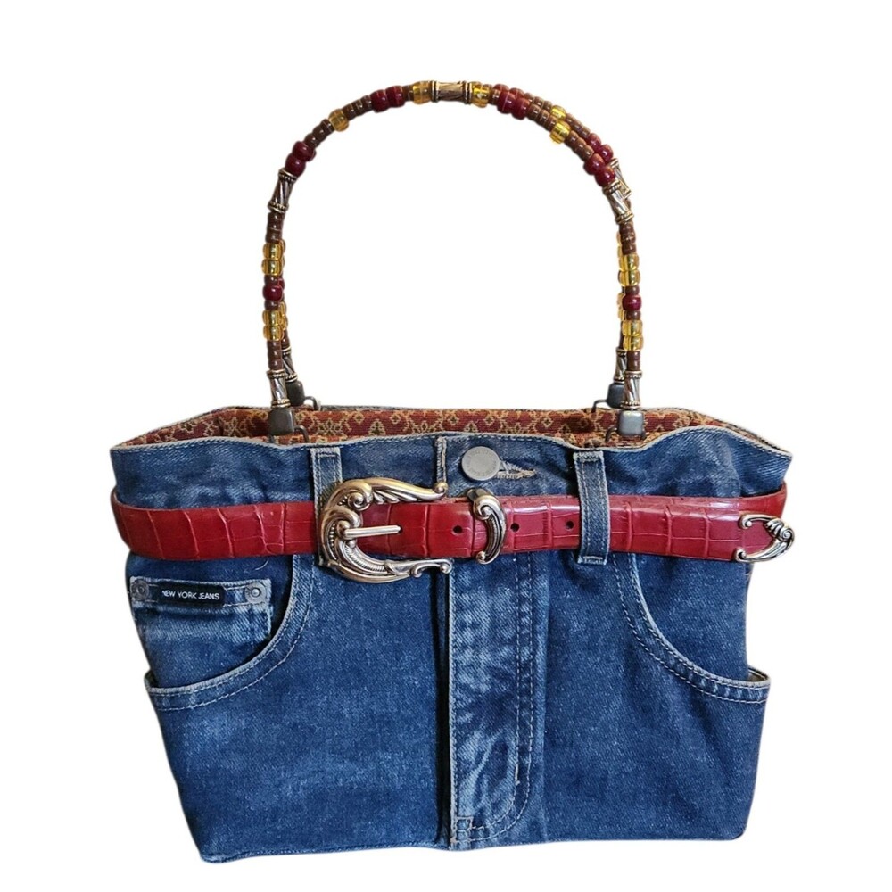 Bootie Bag #069743 Recycled Structured Denim Handbag Beaded Handles Red Belt Y2K
